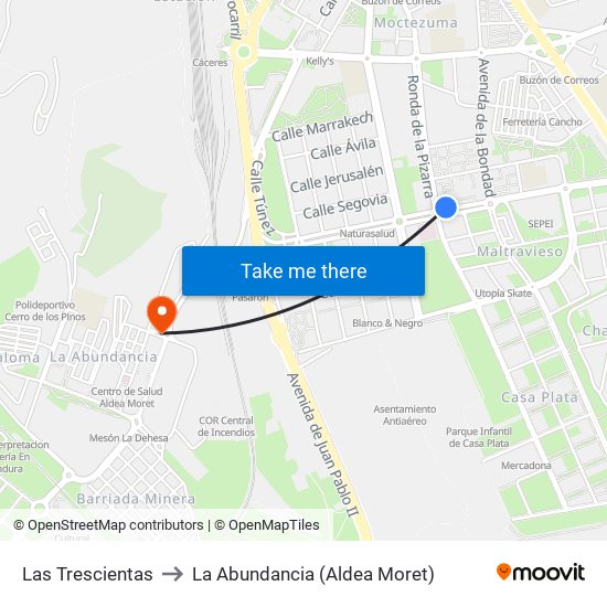 Las Trescientas to La Abundancia (Aldea Moret) map