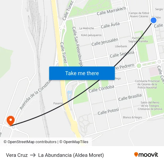 Vera Cruz to La Abundancia (Aldea Moret) map