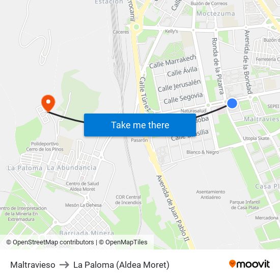 Maltravieso to La Paloma (Aldea Moret) map