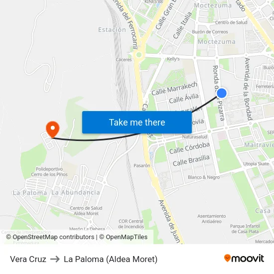 Vera Cruz to La Paloma (Aldea Moret) map