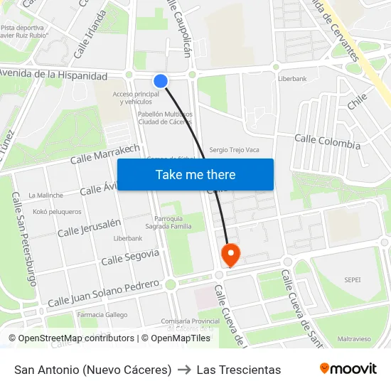 San Antonio (Nuevo Cáceres) to Las Trescientas map