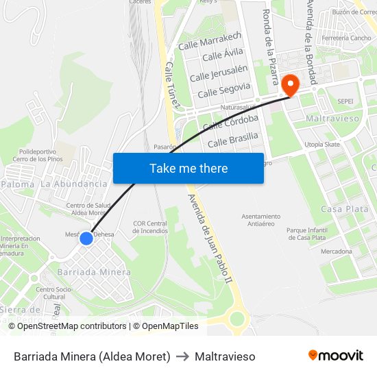 Barriada Minera (Aldea Moret) to Maltravieso map