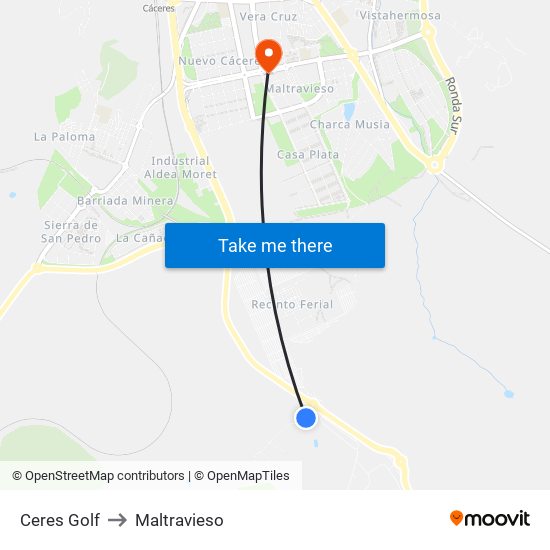 Ceres Golf to Maltravieso map