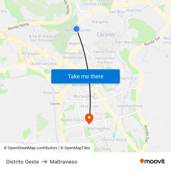 Distrito Oeste to Maltravieso map