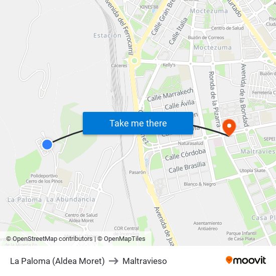 La Paloma (Aldea Moret) to Maltravieso map