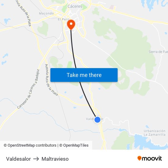 Valdesalor to Maltravieso map