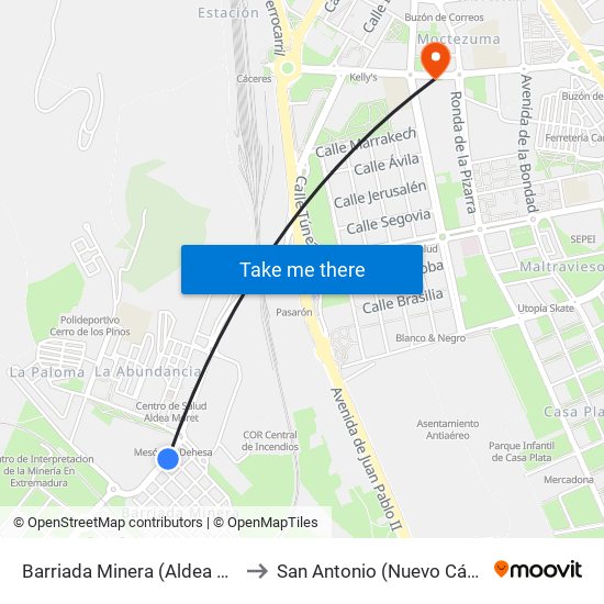 Barriada Minera (Aldea Moret) to San Antonio (Nuevo Cáceres) map