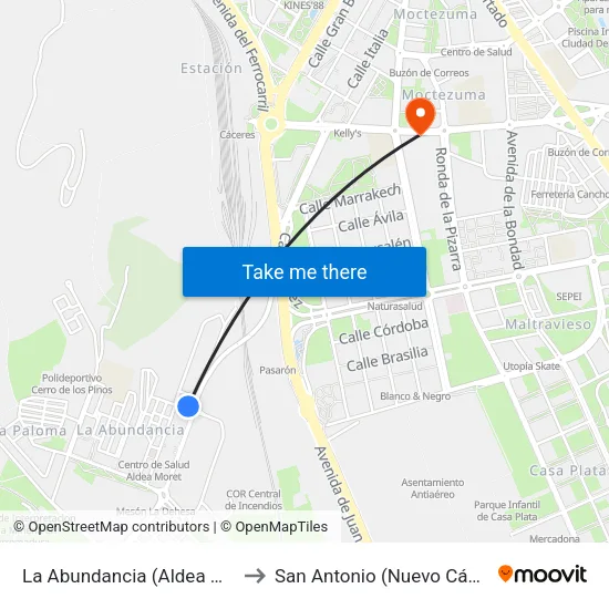 La Abundancia (Aldea Moret) to San Antonio (Nuevo Cáceres) map