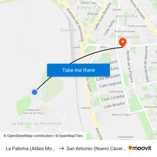 La Paloma (Aldea Moret) to San Antonio (Nuevo Cáceres) map