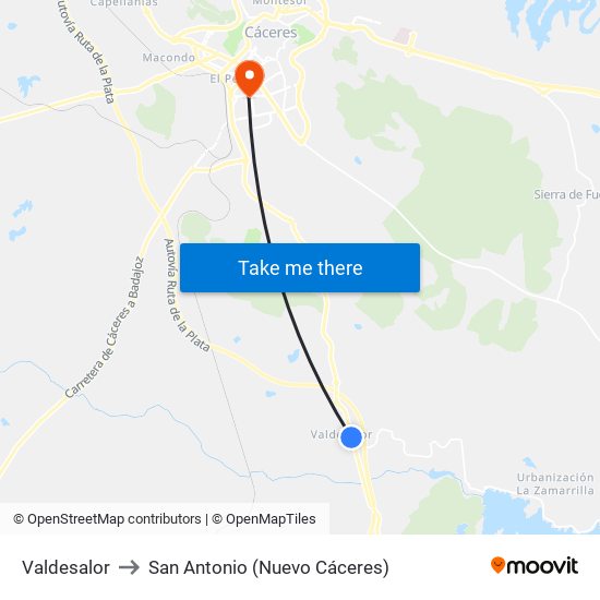 Valdesalor to San Antonio (Nuevo Cáceres) map