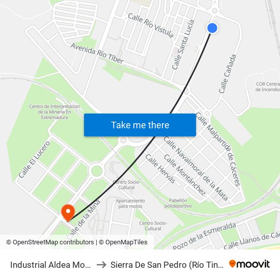 Industrial Aldea Moret to Sierra De San Pedro (Río Tinto) map