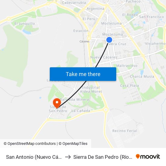 San Antonio (Nuevo Cáceres) to Sierra De San Pedro (Río Tinto) map