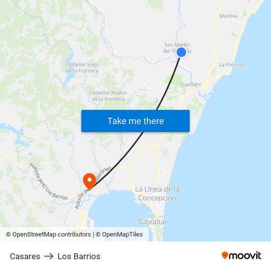 Casares to Los Barrios map