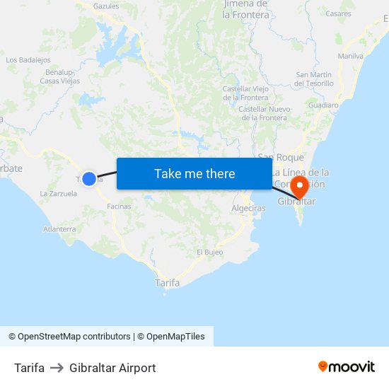 Tarifa to Gibraltar Airport map