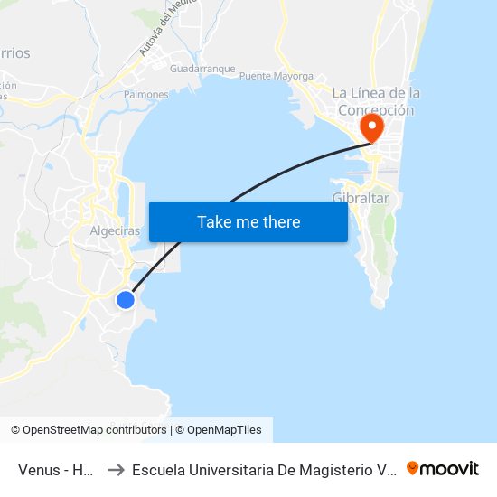 Venus - Hospital to Escuela Universitaria De Magisterio Virgen De Europa map