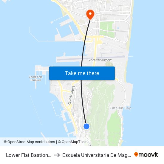 Lower Flat Bastion Road (Gibraltar) to Escuela Universitaria De Magisterio Virgen De Europa map