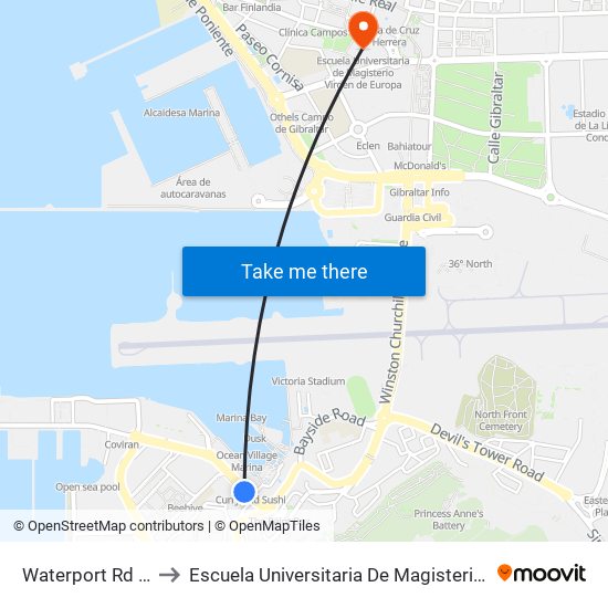 Waterport Rd - Admiral to Escuela Universitaria De Magisterio Virgen De Europa map