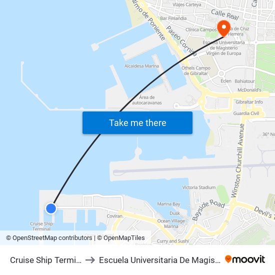 Cruise Ship Terminal (Gibraltar) to Escuela Universitaria De Magisterio Virgen De Europa map