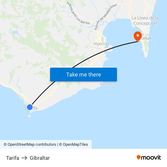 Tarifa to Gibraltar map