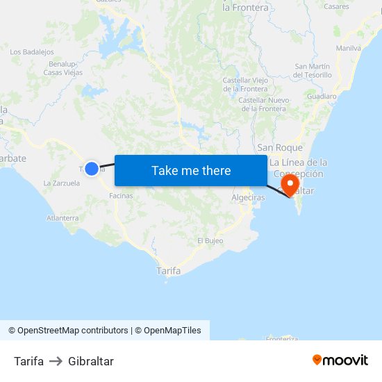 Tarifa to Gibraltar map