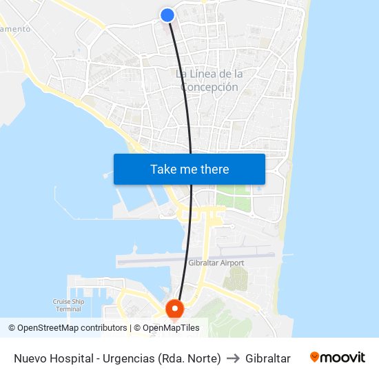 Nuevo Hospital - Urgencias (Rda. Norte) to Gibraltar map