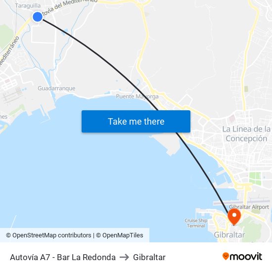 Autovía A7 - Bar La Redonda to Gibraltar map