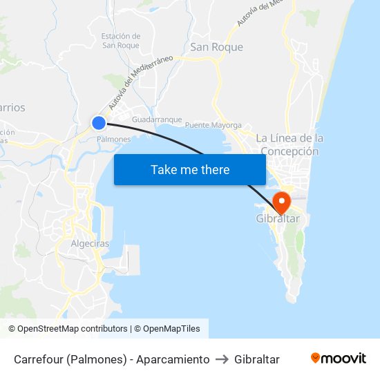 Carrefour (Palmones) - Aparcamiento to Gibraltar map