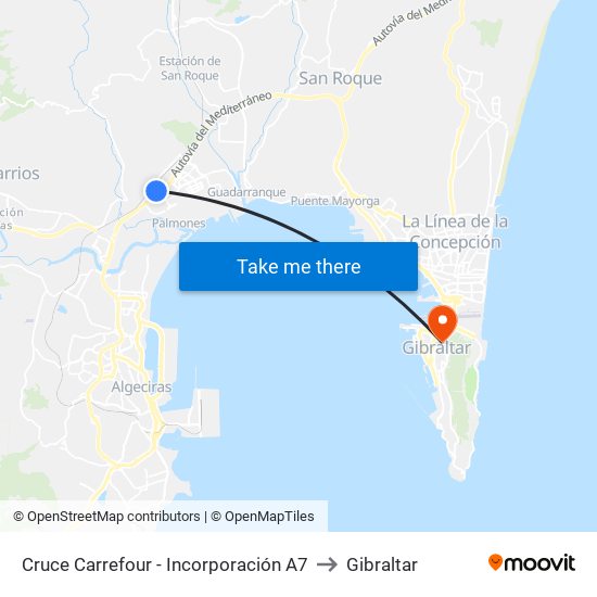 Cruce Carrefour - Incorporación A7 to Gibraltar map
