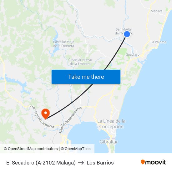 El Secadero (A-2102 Málaga) to Los Barrios map