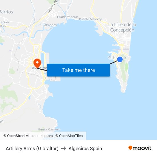 Artillery Arms (Gibraltar) to Algeciras Spain map