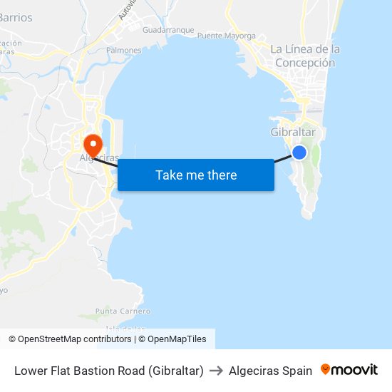 Lower Flat Bastion Road (Gibraltar) to Algeciras Spain map