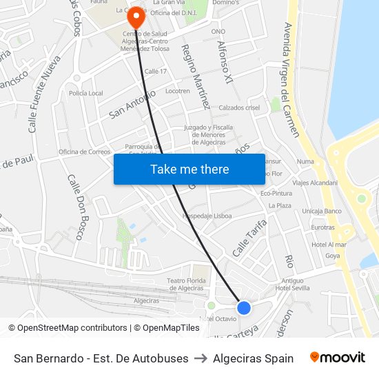 San Bernardo - Est. De Autobuses to Algeciras Spain map