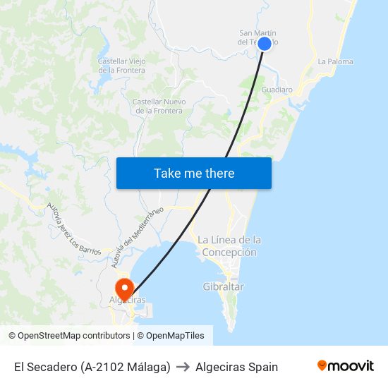 El Secadero (A-2102 Málaga) to Algeciras Spain map