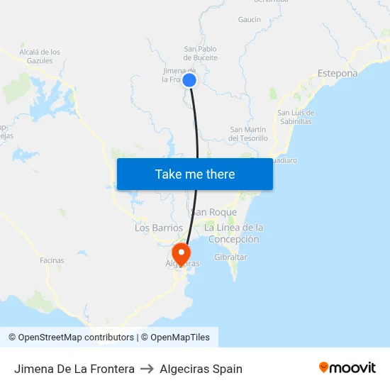 Jimena De La Frontera to Algeciras Spain map
