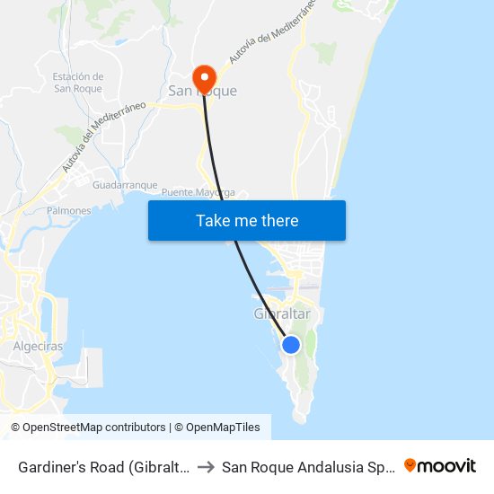Gardiner's Road (Gibraltar) to San Roque Andalusia Spain map