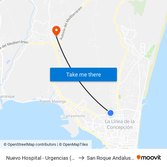 Nuevo Hospital - Urgencias (Rda. Norte) to San Roque Andalusia Spain map