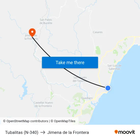 Tubalitas (N-340) to Jimena de la Frontera map