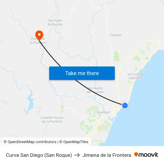 Curva San Diego (San Roque) to Jimena de la Frontera map