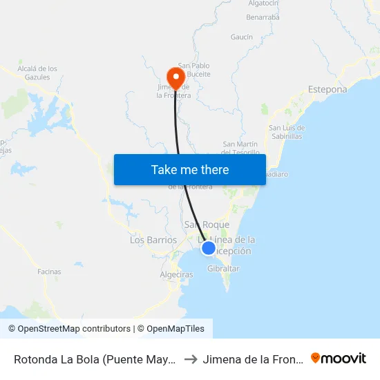 Rotonda La Bola (Puente Mayorga) to Jimena de la Frontera map