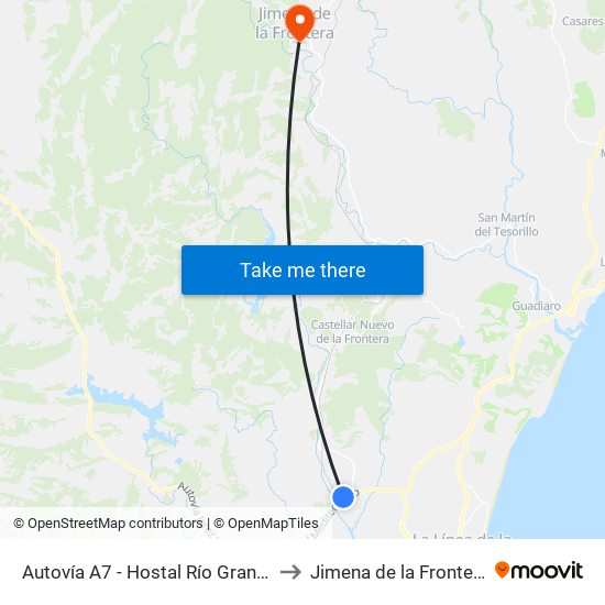 Autovía A7 - Hostal Río Grande to Jimena de la Frontera map