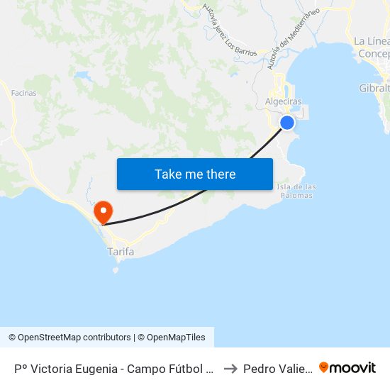 Pº Victoria Eugenia - Campo Fútbol Elcano to Pedro Valiente map