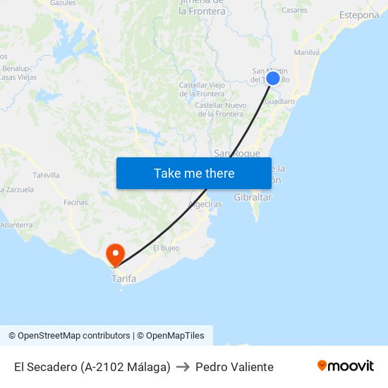 El Secadero (A-2102 Málaga) to Pedro Valiente map