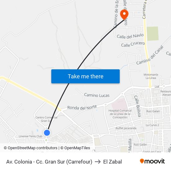 Av. Colonia - Cc. Gran Sur (Carrefour) to El Zabal map