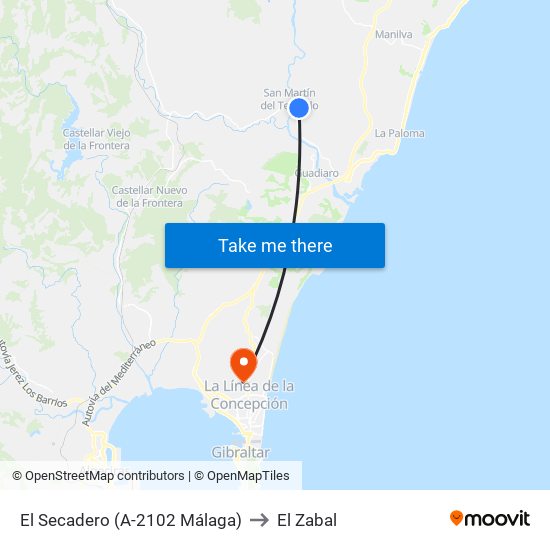 El Secadero (A-2102 Málaga) to El Zabal map