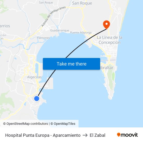 Hospital Punta Europa - Aparcamiento to El Zabal map