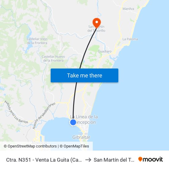 Ctra. N351 - Venta La Guita (Campamento) to San Martín del Tesorillo map