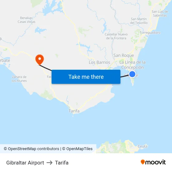 Gibraltar Airport to Tarifa map