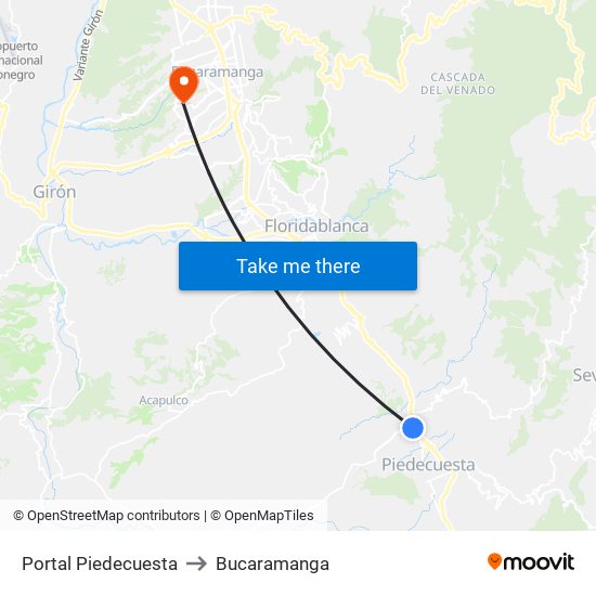 Portal Piedecuesta to Bucaramanga map