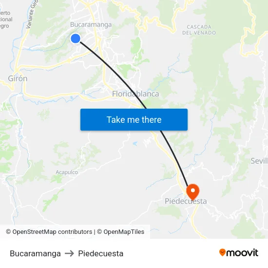 Bucaramanga to Piedecuesta map