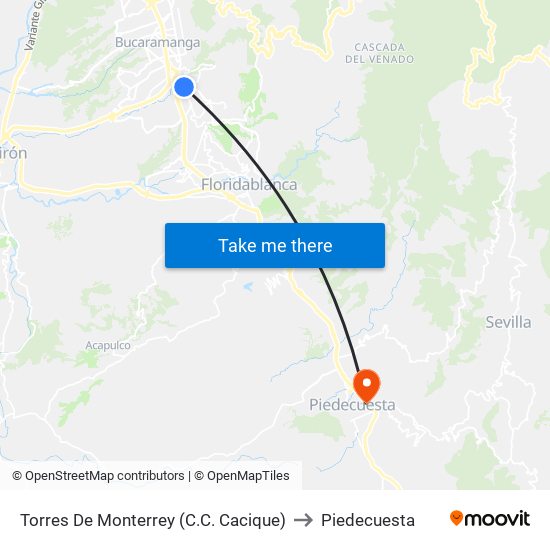 Torres De Monterrey (C.C. Cacique) to Piedecuesta map